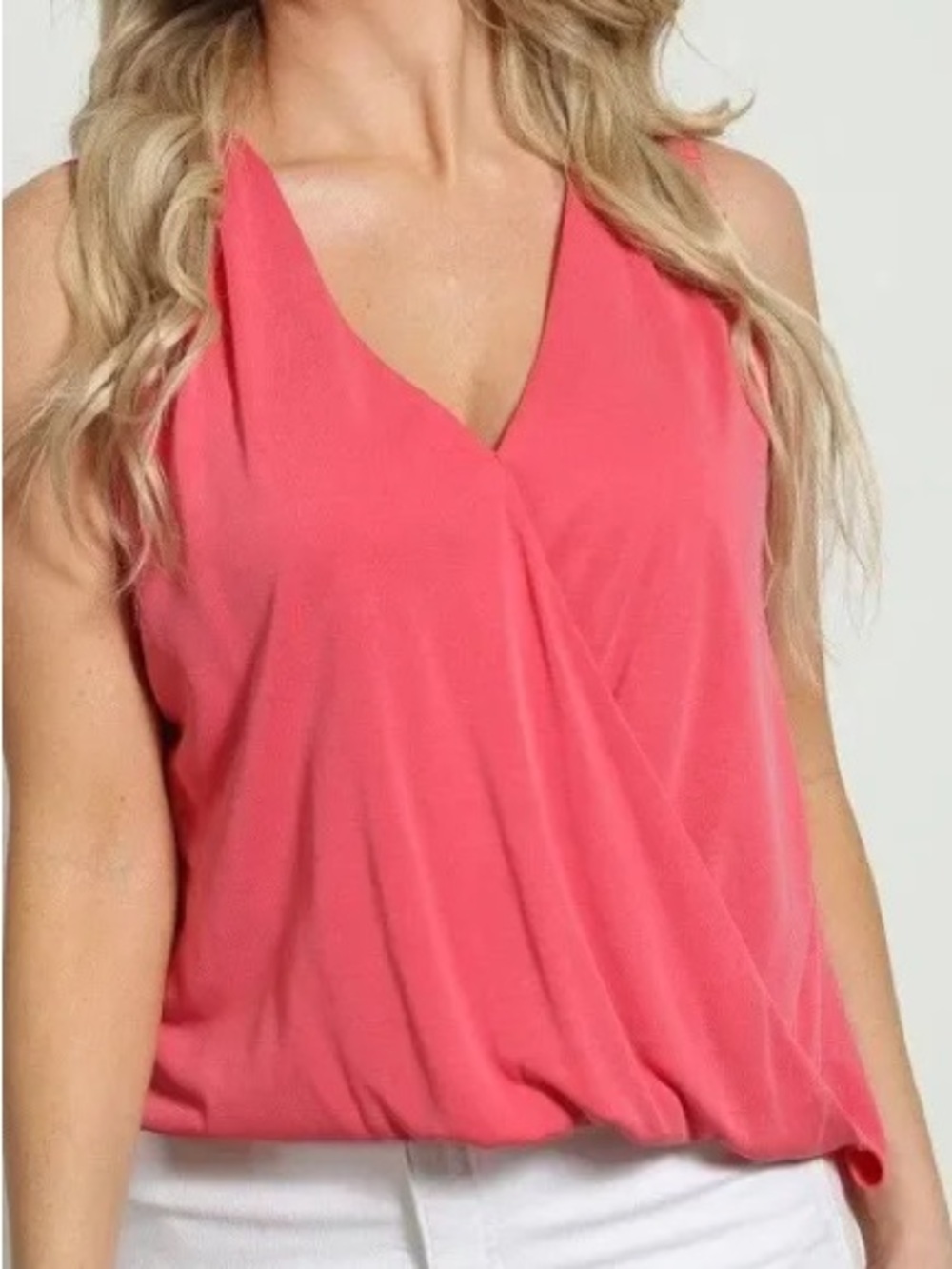 Veronica M Coral Pink Faux-Wrap Sleeveless V-Neck Tank